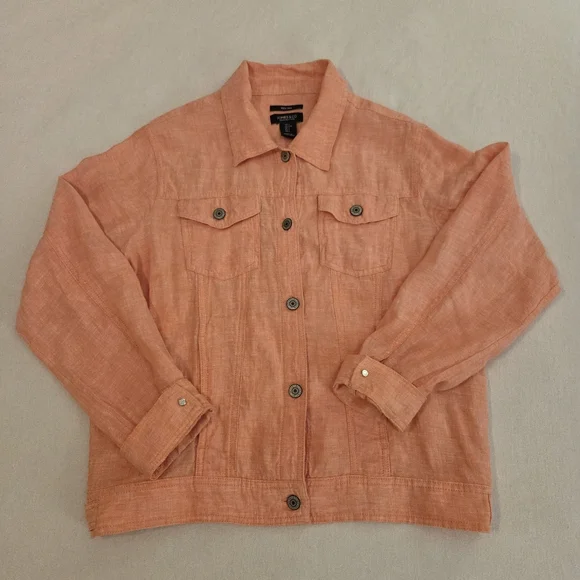 JONES & CO. Coral Peach 100% Linen Button Front Lagenlook Beachy Shacket Size L - Picture 7 of 12